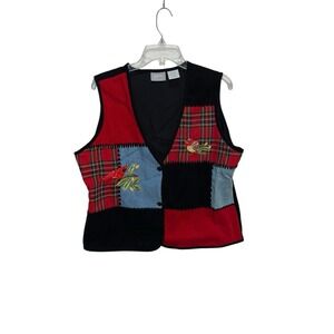 Vintage Blair Patchwork Vest Birds Embroidered Corduroy Denim Plaid – Size L 80s